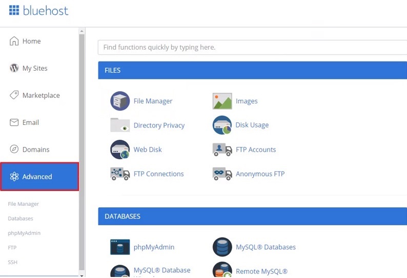 Bluehost Advanced tab