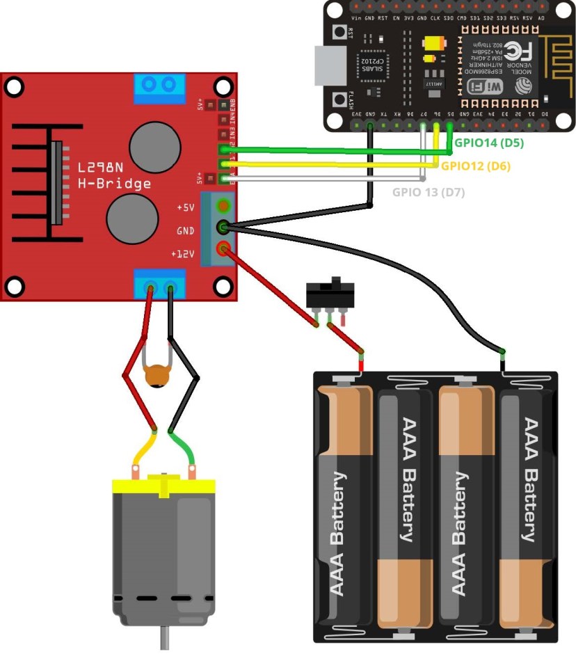 Wiring ESP8266 to DC motor L298N motor driver schematic diagram