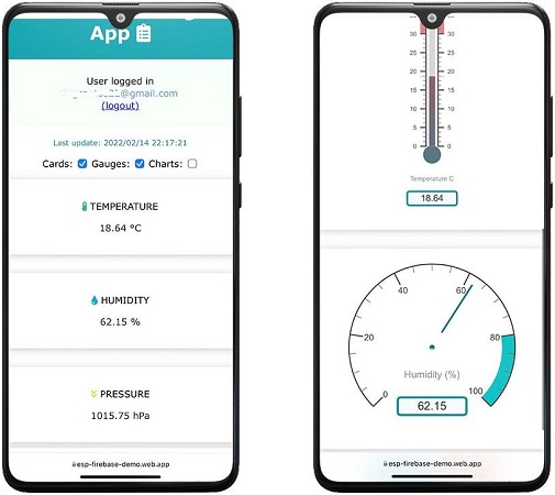 Firebase Web app Sensor readings cards and gauges