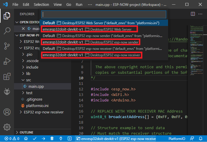 VS Code Switch PlatformIO Environment ESP32 ESP8266