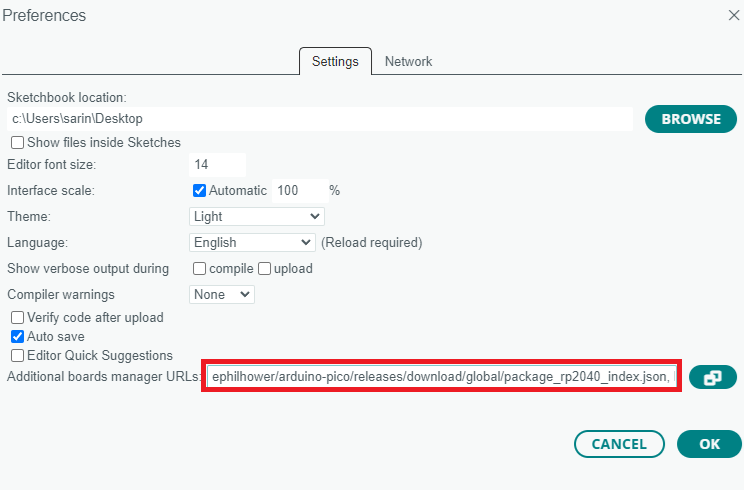 Additional Boards Manager URL Arduino IDE 2