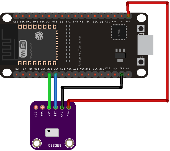 ESP32 with BME280 on Different I2C Pins Schematic Diagram Wiring