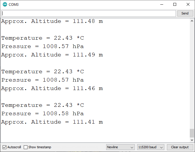 BMP388 Altitude Pressure Display Serial Monitor