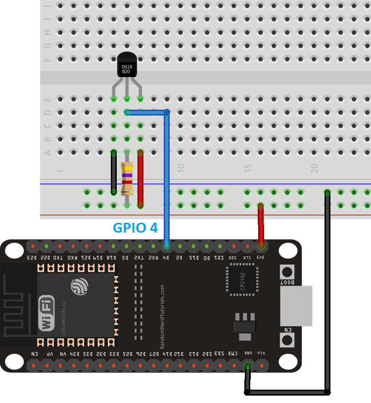 Wiring Schematic diagram with DS18B20 temperature sensor to ESP32 board