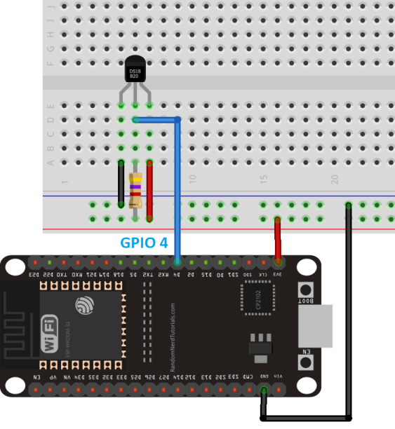 DS18B20 Temperature Sensor with ESP32 Normal Mode Wiring Schematic Diagram