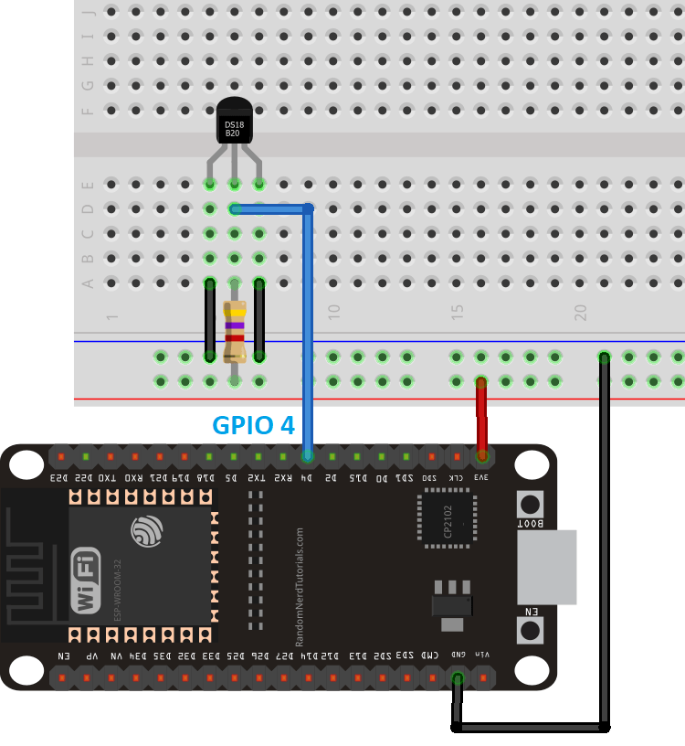 DS18B20 Temperature Sensor with ESP32 Parasite Mode Wiring Schematic Diagram
