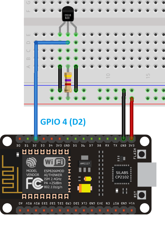 DS18B20 Temperature Sensor with ESP8266 Parasite Mode Wiring Schematic Diagram
