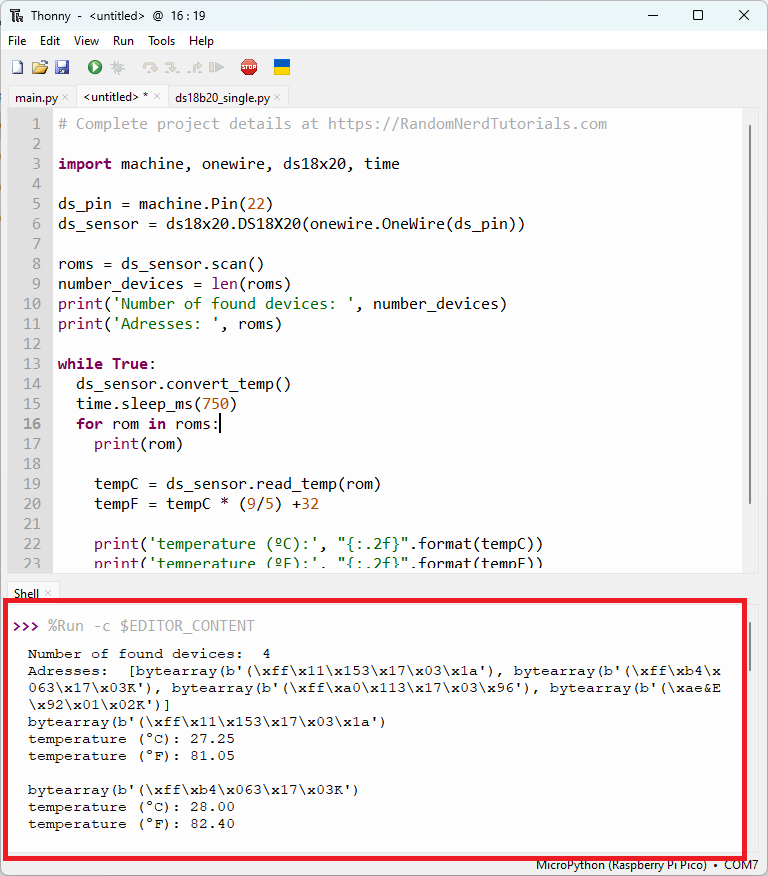 Raspberry Pi Pico with DS18B20 Temperature Sensor MicroPython Single and Multiple demonstration