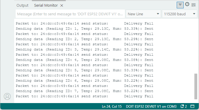 Serial Monitor for the ESP32 ESP-NOW Sender Board - showing the message was sent, but delivery failed