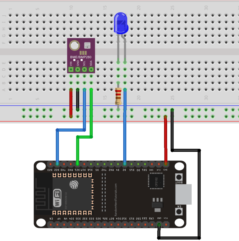 ESP32 with LED and BME280 Circuit Diagram