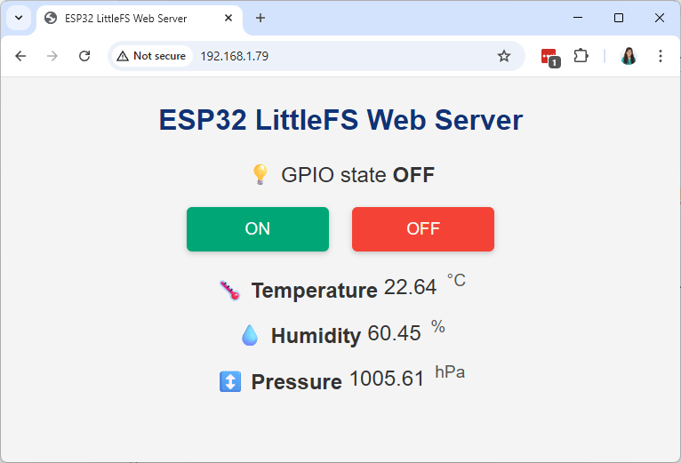 ESP32 Web Server with Files from LittleFS - Control Outputs and Monitor Sensors