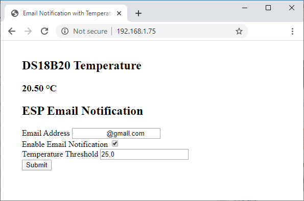 ESP32 Temperature Threshold Email Notification Web Server