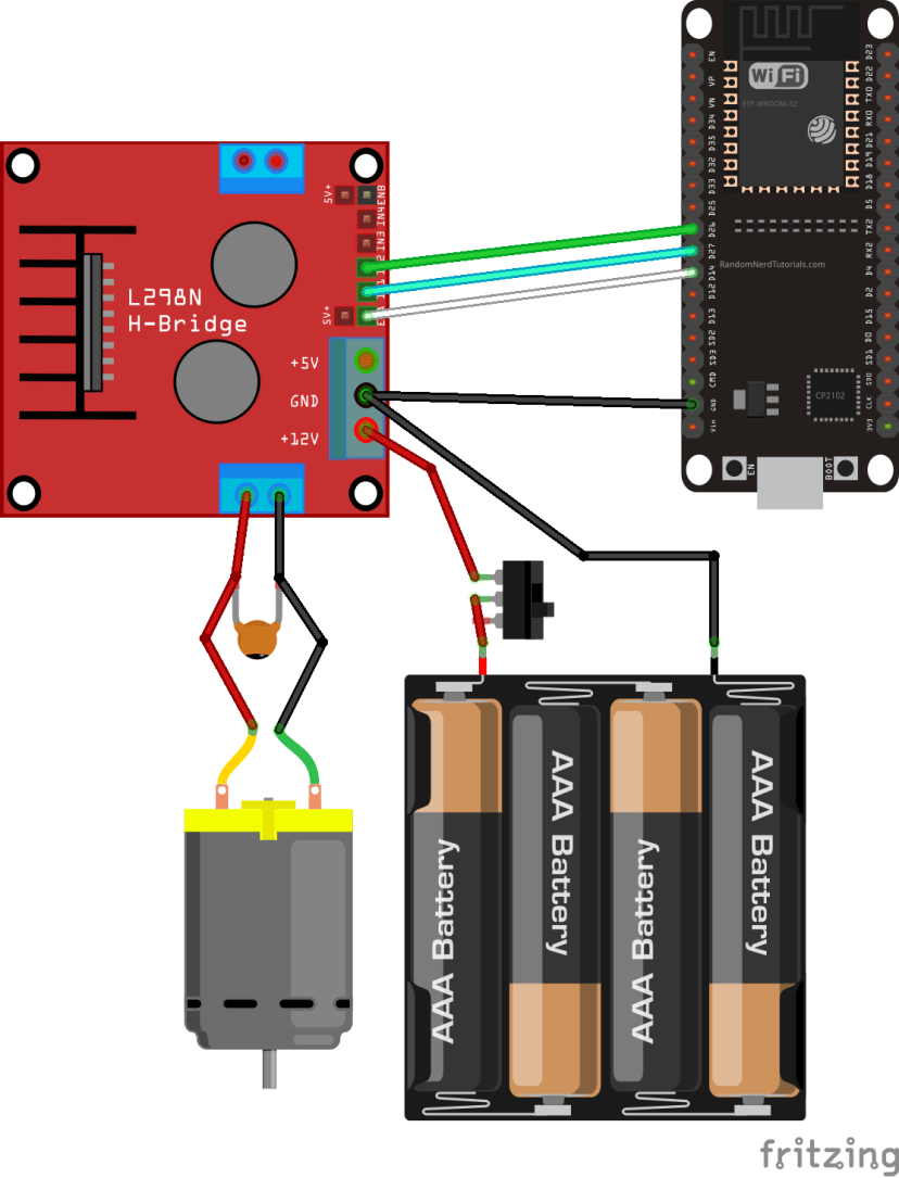 Wiring mini DC motor via L298N motor driver to ESP32