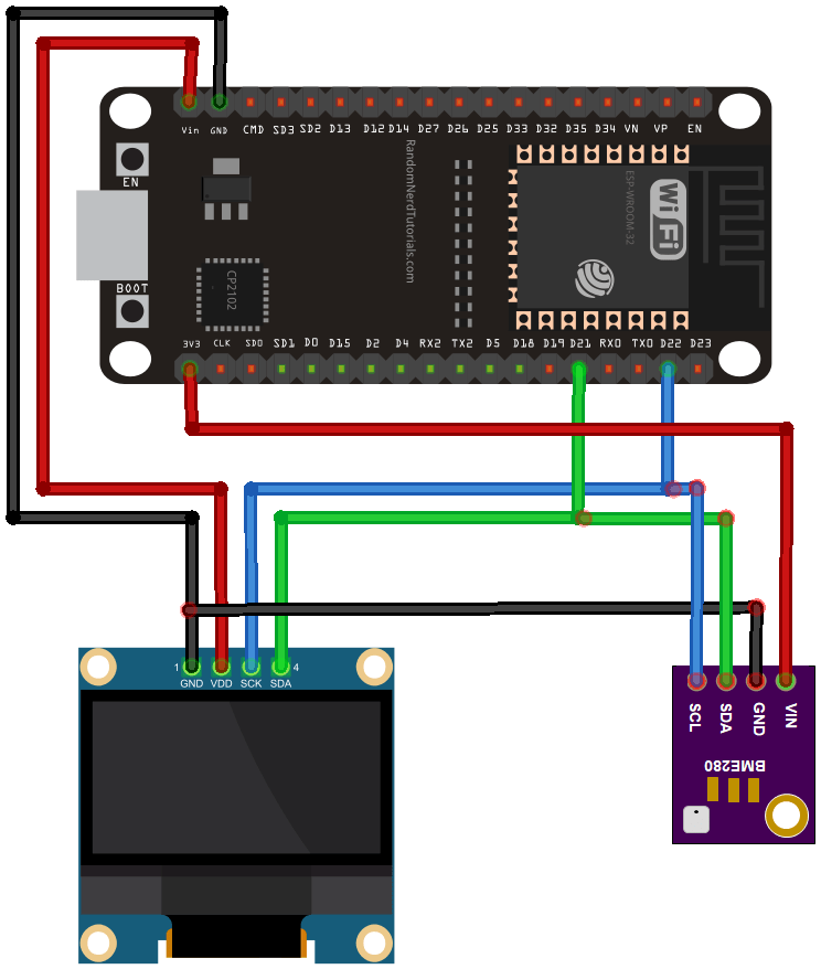 ESP32 wiring schematic diagram to BME280 sensor and OLED display