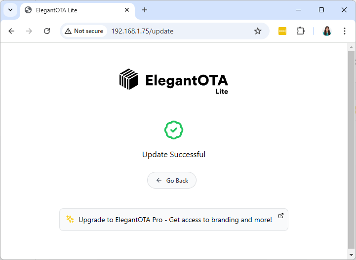 ESP8266 ElegantOTA Upload new Firmware Success