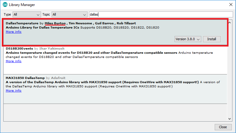 Installing Dallas temperature DS18B20 library Arduino IDE