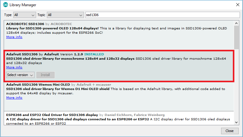 Installing SSD1306 OLED Library ESP8266 ESP32 Arduino