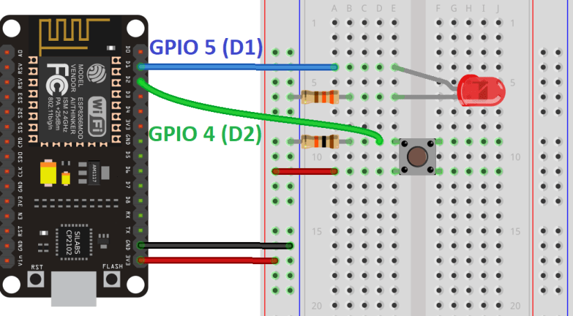 ESP8266 NodeMCU Digital Input and Digital Output Schematic Circuit LED Pushbutton