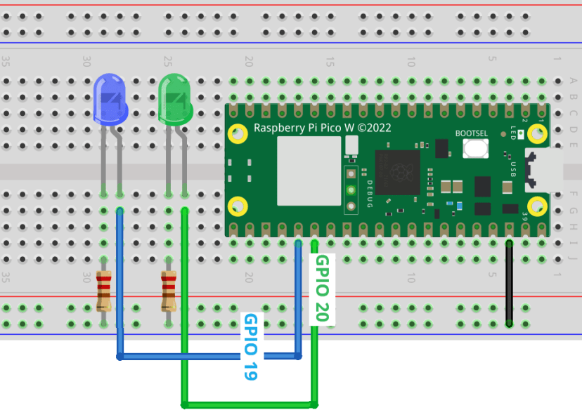 Raspberry Pi Pico Blinking Two LEDs Asynchronously - Circuit