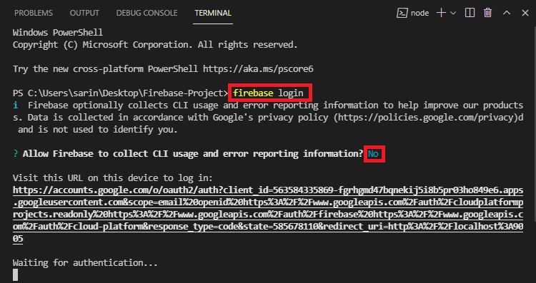 Login Firebase VS Code Terminal Window