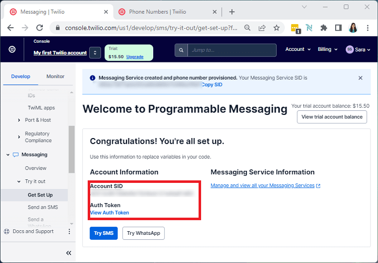 twilio create messaging service