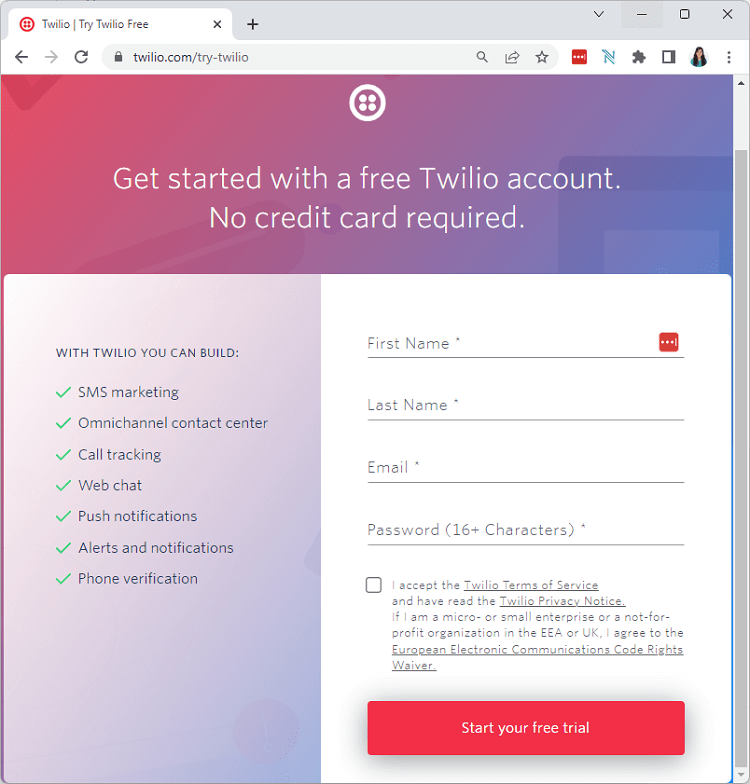 Twilio account create new
