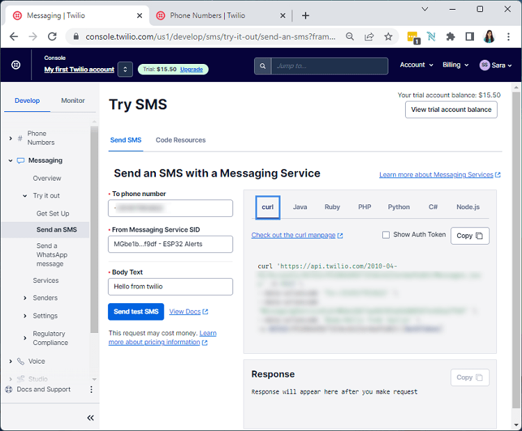 Twilio try test SMS