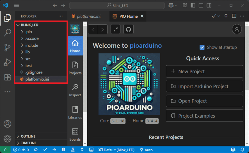 VS Code pioarduino IDE extension new project created option