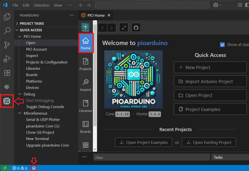 VS Code pioarduino IDE extension open home menu