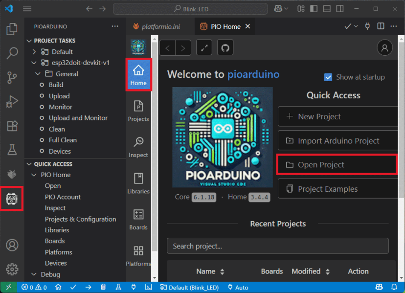 VS Code pioarduino IDE extension open project