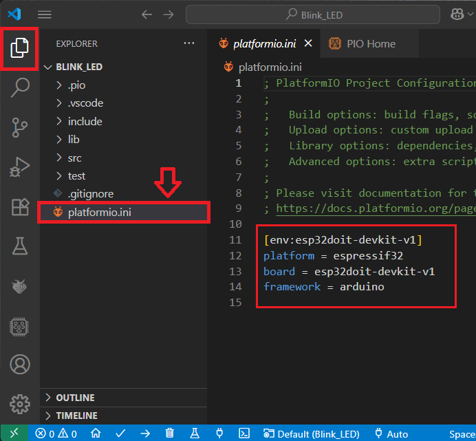 VS Code pioarduino IDE extension platformio ini file open default