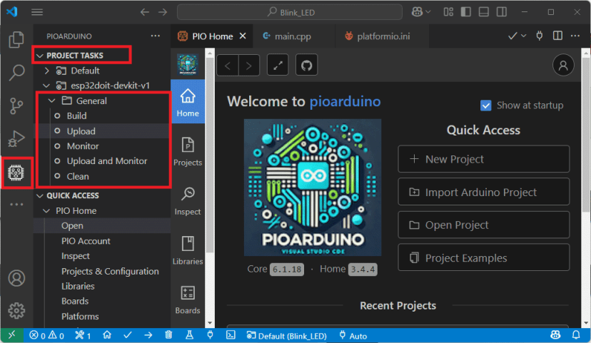 VS Code pioarduino IDE open project tasks menu